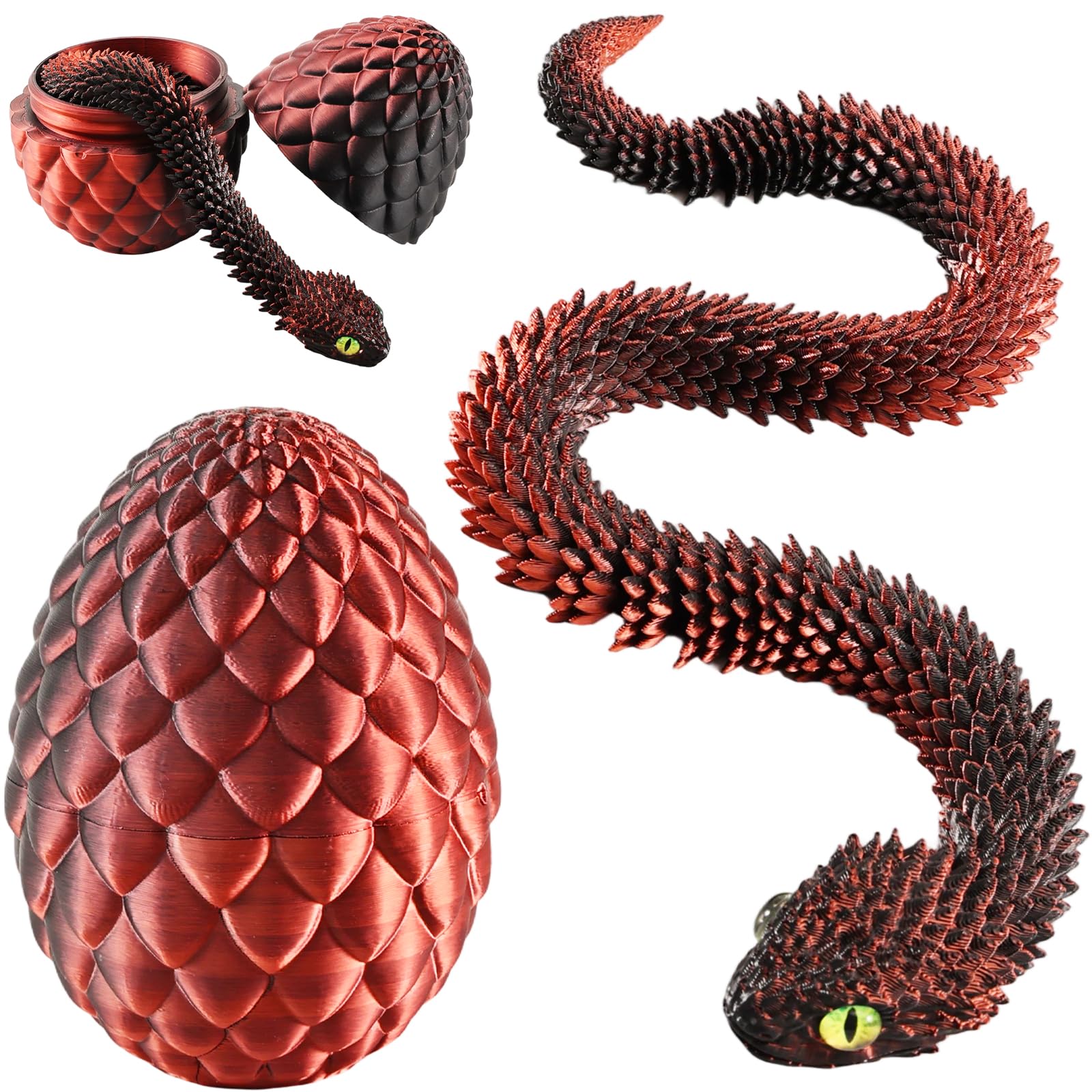 Joycabin Wąż z nadrukiem 3D, 45 cm, z jajkiem, zabawka z nadrukiem D, na Wielkanoc, nadruk 3D, jajko smocze, wężyk, dla dzieci, na prezent, na biurko, do mieszkania (czarno-czerwony)