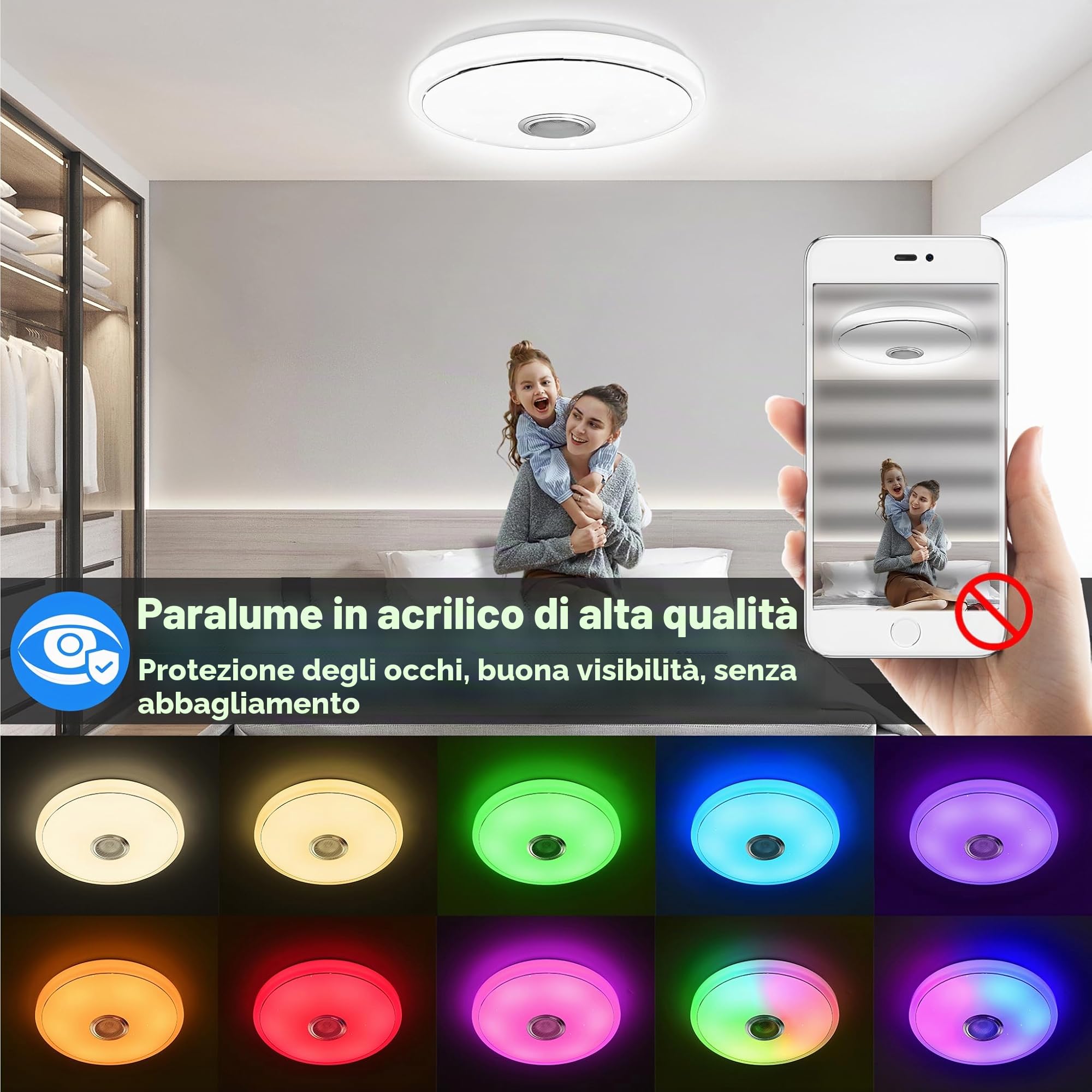 YRHome Lampada da soffitto a LED da 48 W, dimmerabile, con altoparlante Bluetooth, lampada da soffitto a cielo stellato, cambia colore RGB con telecomando o controllo app, riproduzione musicale per