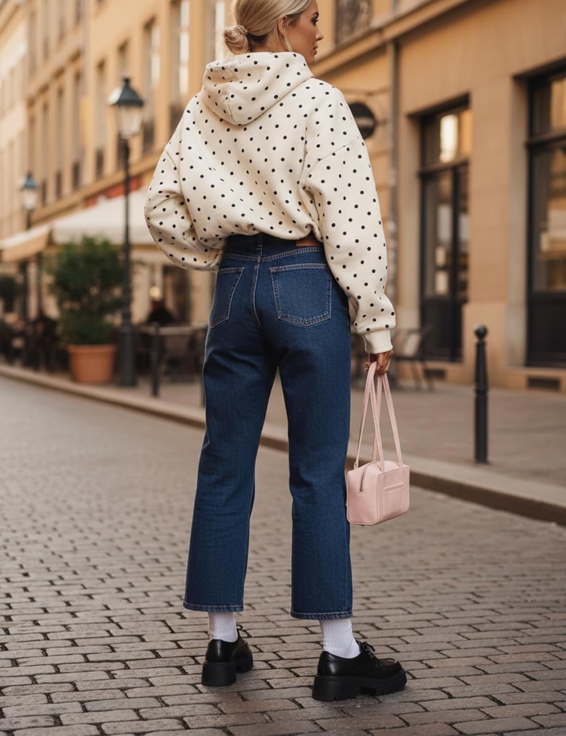 Women Polka Dot Hoodie Oversized Fleece Hooded Sweatshirt Long Sleeve Drop Shoulder Graphic Print Hoodies with Pocket - Image 5