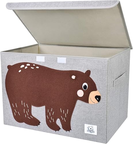 Foldable Large Kids Toy Chest with Flip-Top Lid, Collapsible Fabric Animal Toy Storage Organizer/Bin/Box/Basket/Trunk for Toddler, Children and Baby Nursery (Bear)
