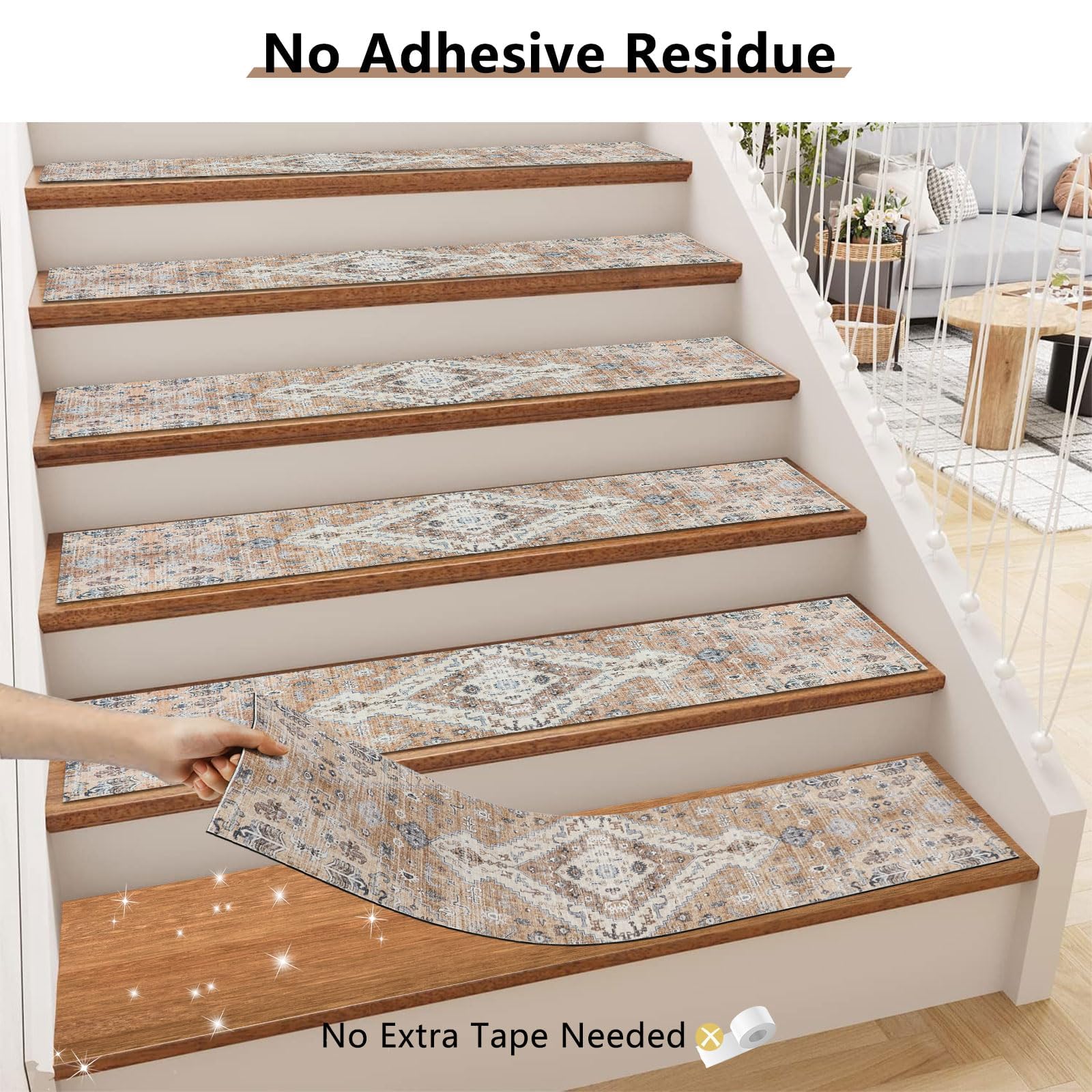 Homcomodar 15PCS Tapis Escalier Antidérapant 76x20cm Vintage Tapis de Marchettes d'Escalier Lavable Tapis d'Escalier Intérieur Para Animaux de Compagnie des Enfants Orange
