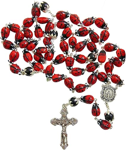 Westmon Works Juego de rosario de la leyenda de la mariquita con tarjeta de insecto de Nuestra Señora y bolsa de regalo, Cerámica