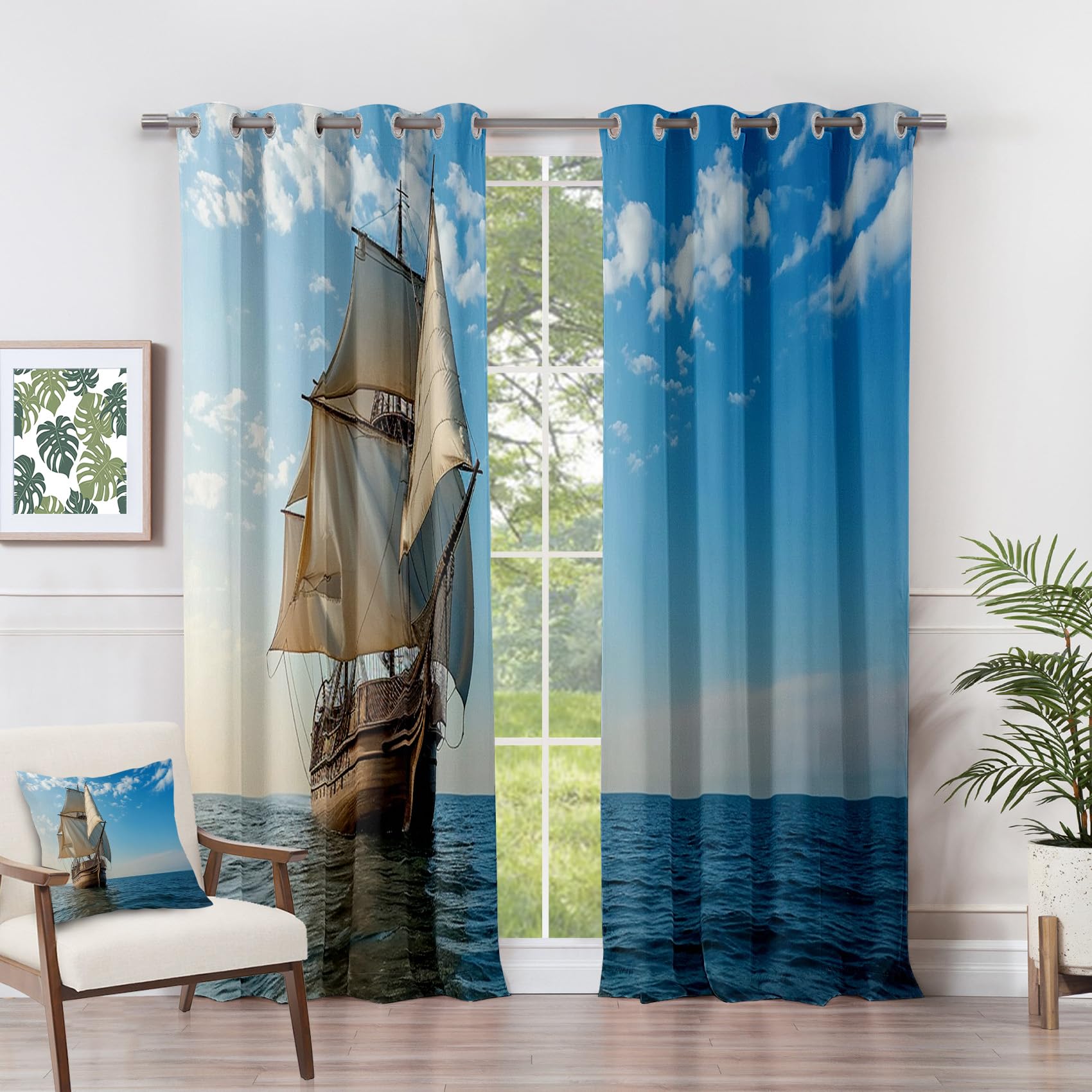 Yoozitrees Nautical Blackout Curtains for Bedroom Living Room - Sailing Sailboat Ocean Theme Patterned Window Treatments, Room Darkening Grommet