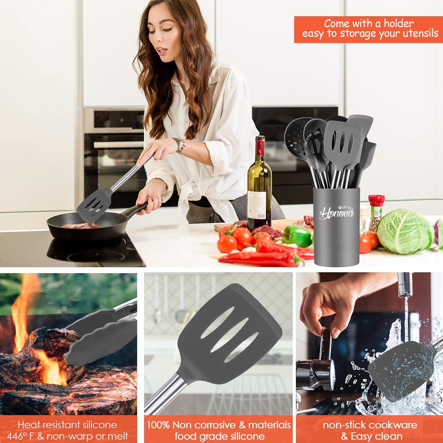 Silicone Cooking Utensil Sets, 15 pcs Kitchen Utensils Set, Non-stick Heat Resistant Silicone Cookware with Stainless Steel Handle, BPA-Free Cookware Kitchen Tools Set, Gray