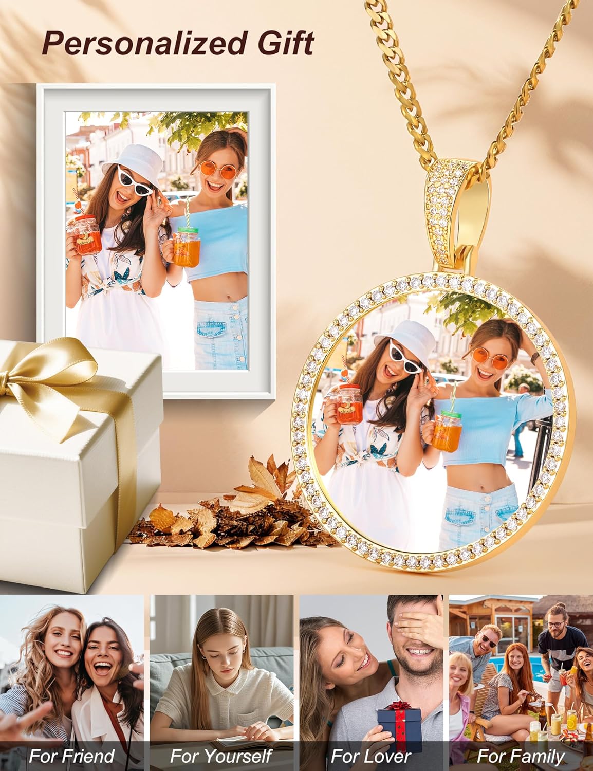 TUHE Custom Necklace For Men Women, Picture Necklace Personalized Photo Pendant With Engraving Text, 18K Gold Plated Custom Memorial Pendant Cubic Zirconia Rip Chain, Big Round Size-1.8 * 2.5in - Image 2