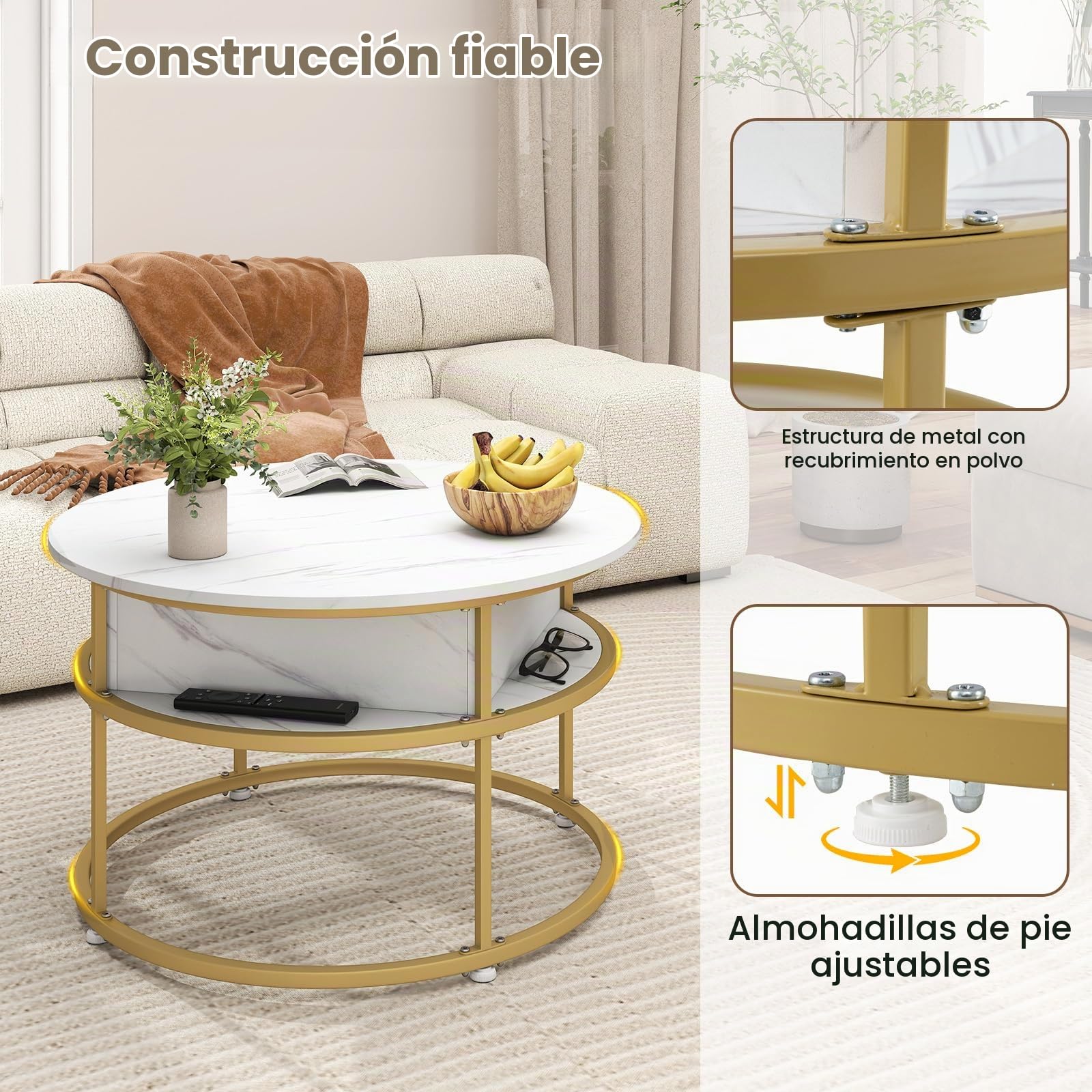 GIANTEX Mesa de Centro Redonda con Tablero Elevable, Aspecto de Imitación de Mármol y Espacio de Almacenamiento Oculto, 80 x 80 x 49 cm, Mesa Auxiliar para Salón, Oficina