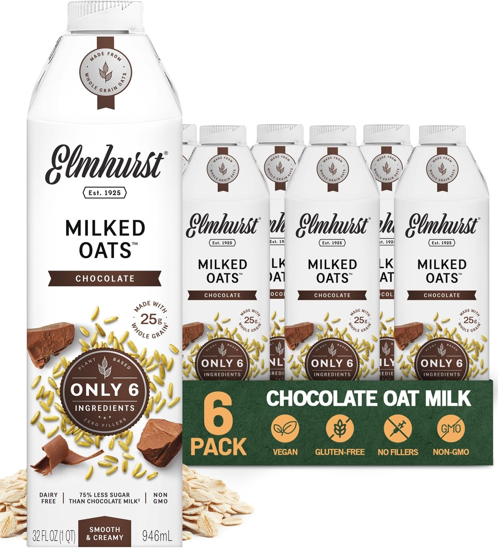 Elmhurst 1925 Chocolate Oat Milk - 32 Ounce (Pack of 6) Dairy-Free, Vegan, Kosher, Gluten-Free, Less Sugar, Shelf Stable Plant Based Milk Made with Whole Grain Oats & Cocoa for Smoothies & Baking