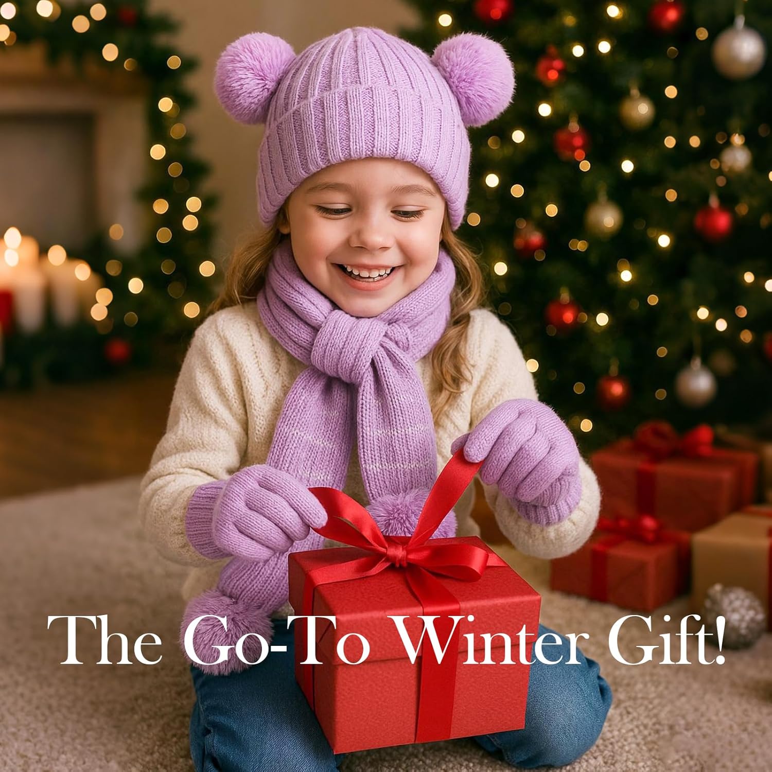 Kids Winter Hat Gloves Scarf Set, Double Pom Beanie Warmer Mittens Fleece Lined 3-Piece Set for Boys Girls - Image 6