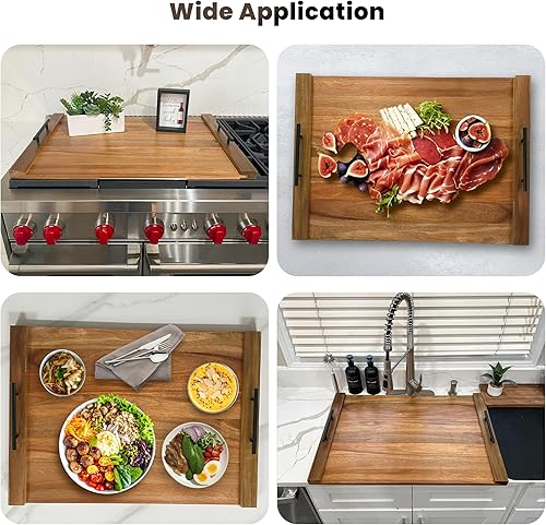 Miniatura 6 de Cubierta para estufa de tabla de fideos con asas, cubierta de estufa de madera de acacia, asas negras y doradas incluidas, 30.25 pulgadas de largo x