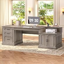 SEDETA Farmhouse 70.9" Executive Desk, Home Office Desk with File Drawers and Storage Cabinet, Computer Desk with Power Outlet for Home Office, Work Study Writing, Gray