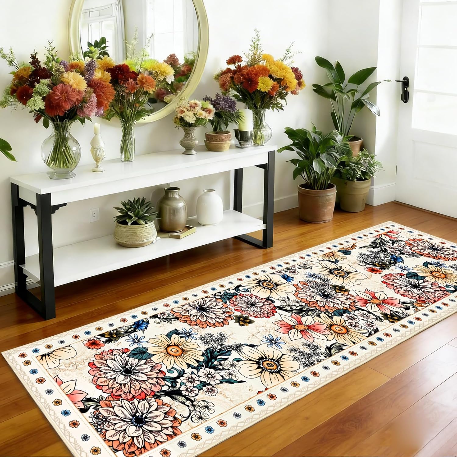 Yinhua Runner Rug Washable Boho Floral Rugs for Hallway, Beige Runner Rugs 2x7'3 Non Slip, Soft Low Pile Kitchen Runner Rug for Hallways, Kitchen, Bedroom, Laundry, Beige