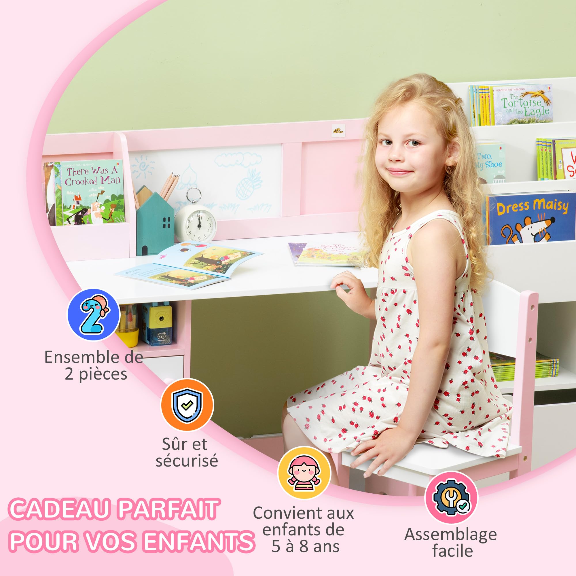 HOMCOM Ensemble Table et Chaise pour Enfant avec Tableau Blanc - Bureau pour Enfant +5 Ans 90L x 45l x 85H cm Rose