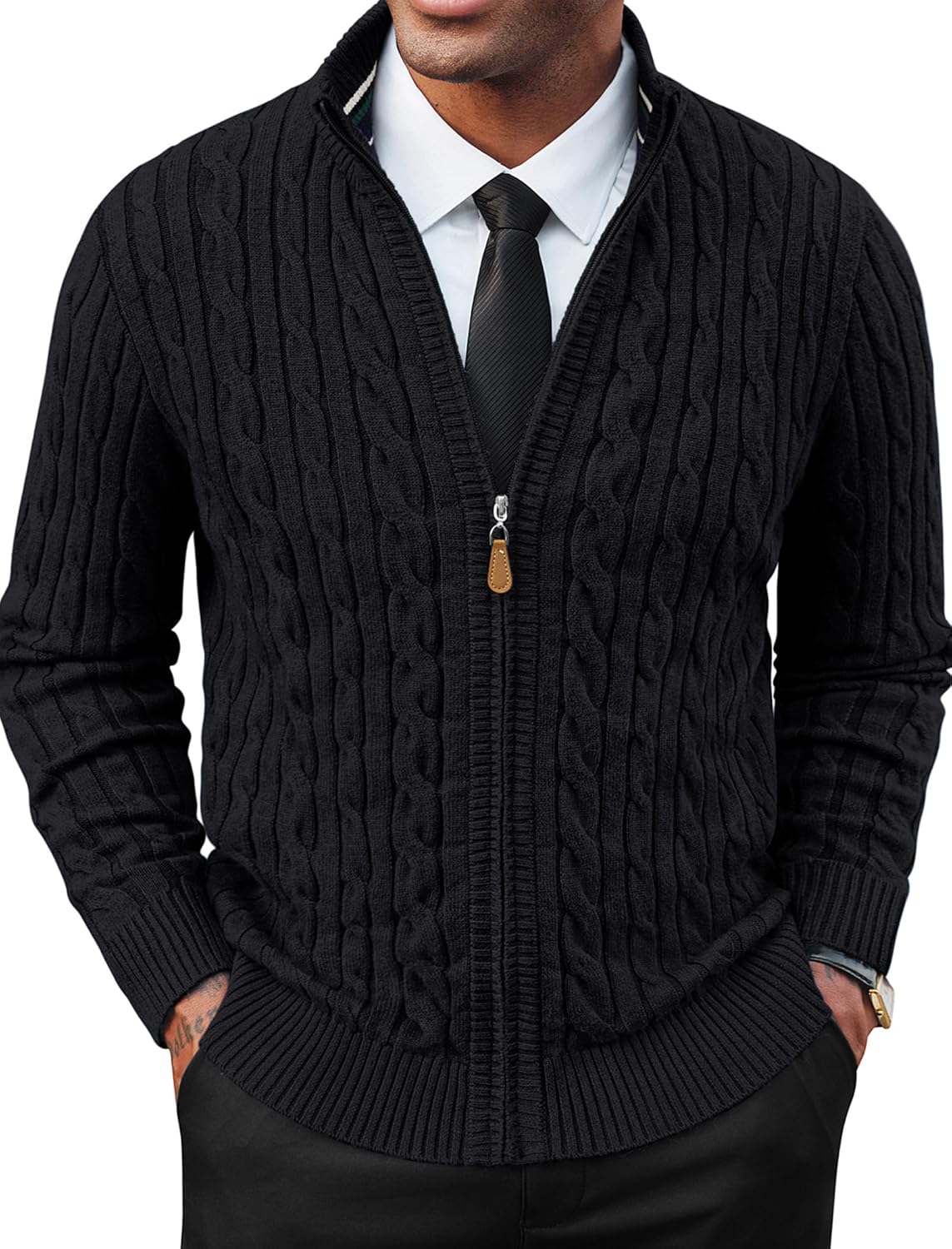 PJ PAUL JONES Mens Cardigan Sweater Full Zip Up Stand Collar Cardigans Long Sleeve Knitted Sweaters