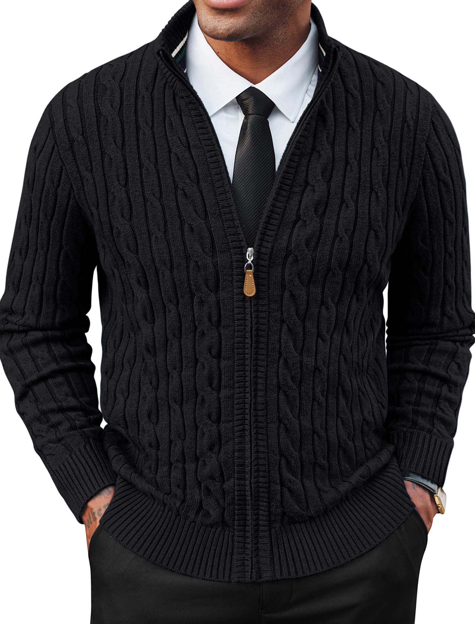 pj paul jones Mens Cardigan Sweater Full Zip Up Stand Collar Cardigans Long Sleeve Knitted Sweaters, Black, Medium-picture-31