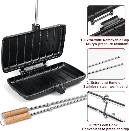 Miniatura 2 de Hierro de doble pastel para acampar de hierro fundido, máquina de sándwiches de fogata de hierro fundido pre-sazonado, máquina de pastel de montaña,