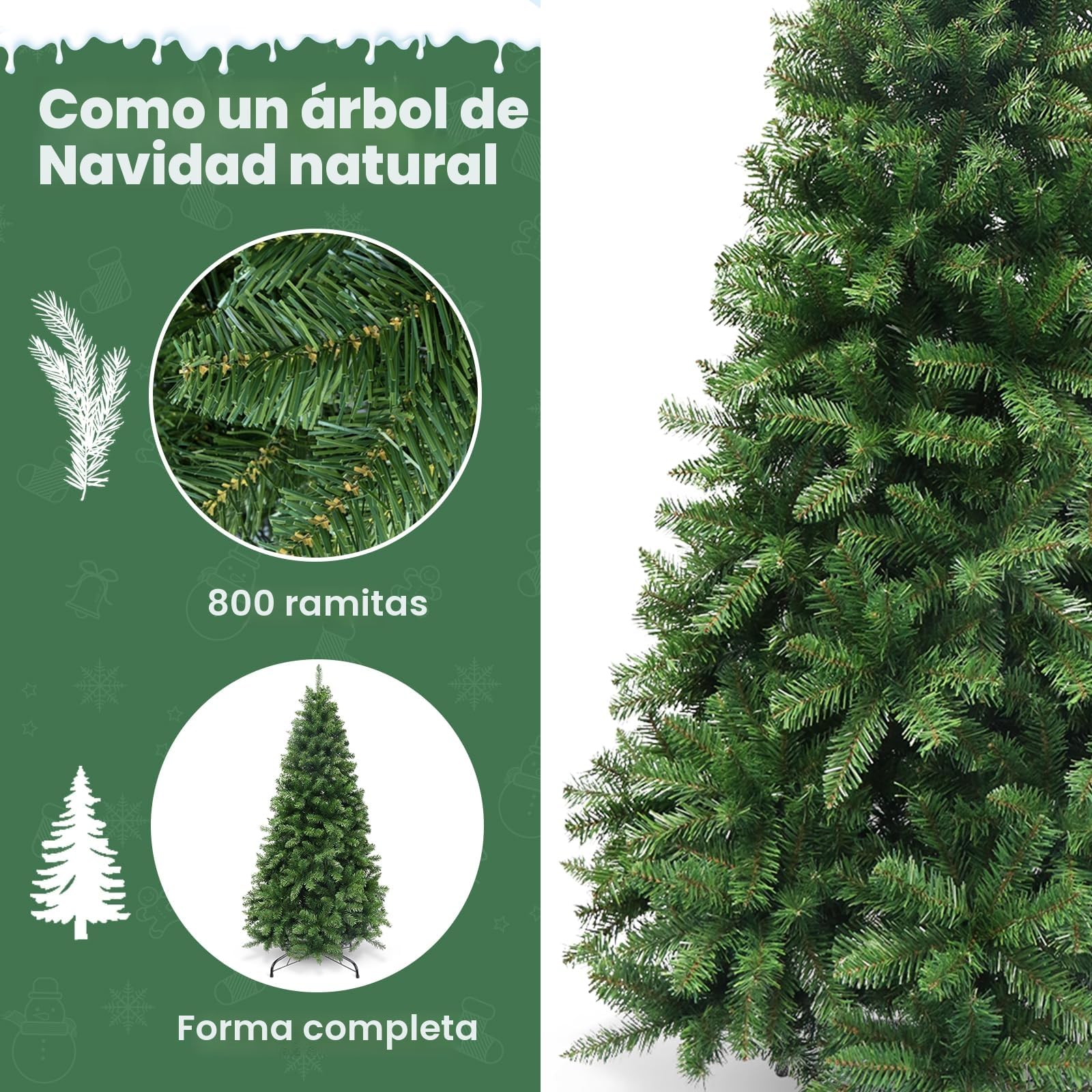 YEAUPE PRO Árbol de Navidad Artificial de 180 cm | 800 Puntas de PVC | Conexión de 3 Secciones, Incluye Base | para Hogar, Sala de Estar y Hotel