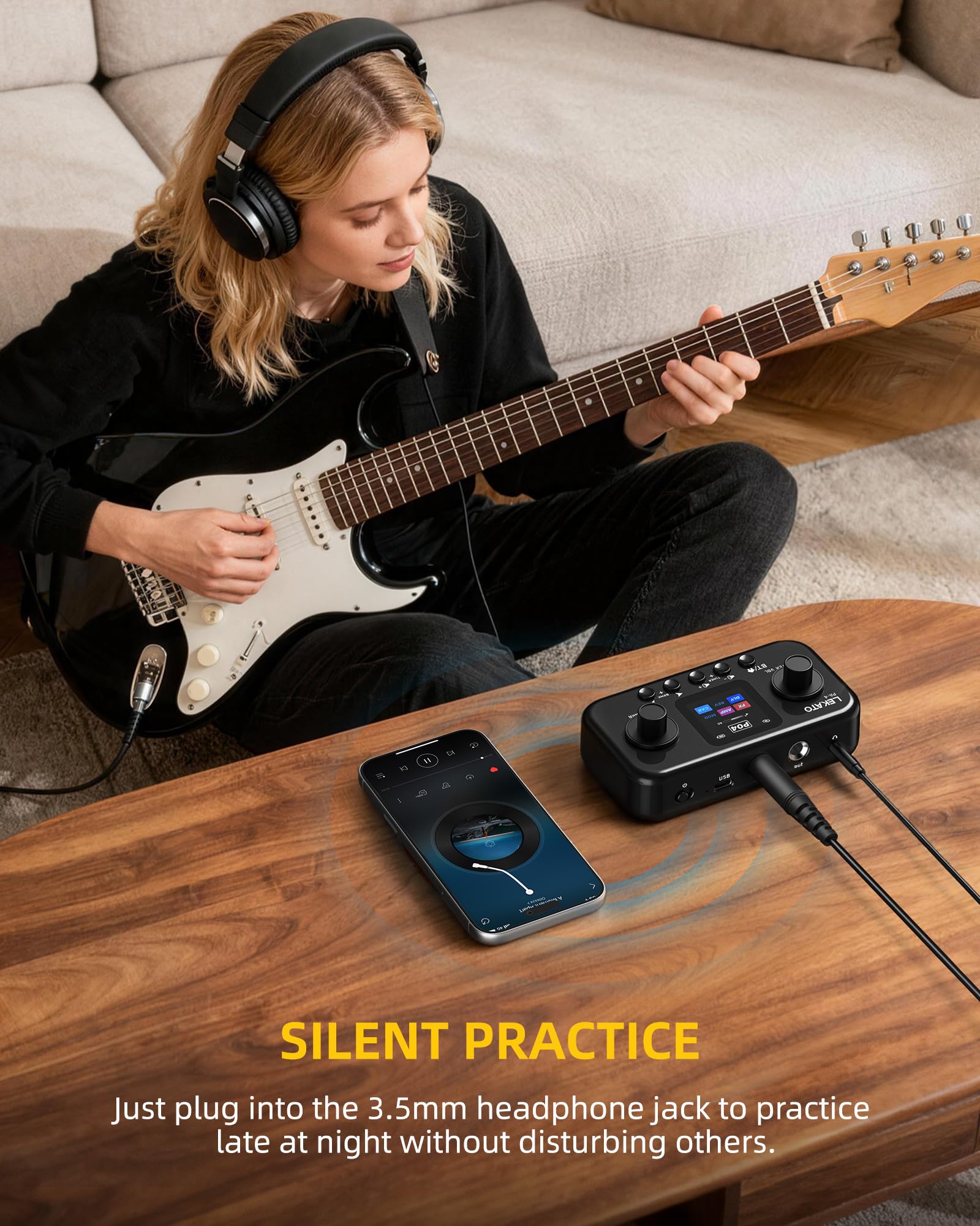 LEKATO Guitarra Pedal Multiefectos con 80 presets, 6 módulos de efectos, 20 Amp/Cab, Interfaz de audio USB OTG y BT, Procesador de Efectos Portátil para Guitarra y Bajo