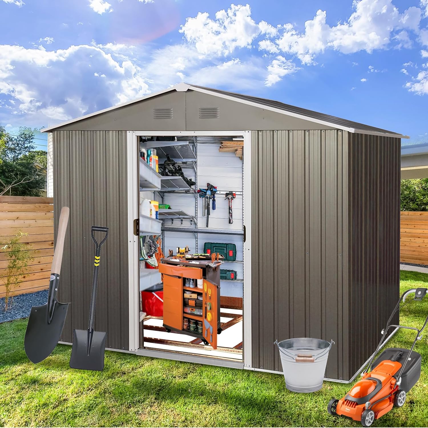 Gray 6' x 8' Outdoor Metal Storage Shed with Floor Base