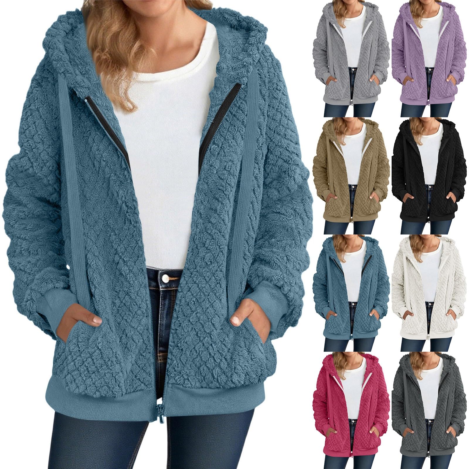 Teddyjacke Damen Winter Warm Fleecejacke mit kapuze Flauschig Winterjacke | Einfarbige Teddy Fleece Jacke Herbst Winter Übergangsjacke Locker Kuscheljacke mit Taschen Reißverschluss Wintermantel