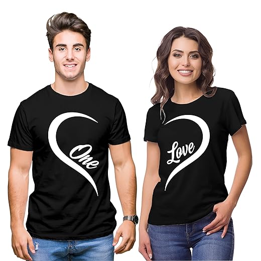 Hangout Hub Hangout-Hub-NP21 Couple Tshirts for Couples | Printed One Love Heart T-Shirts | Men's and Women's Round Neck T-Shirt (Pack of 2, Cotton)