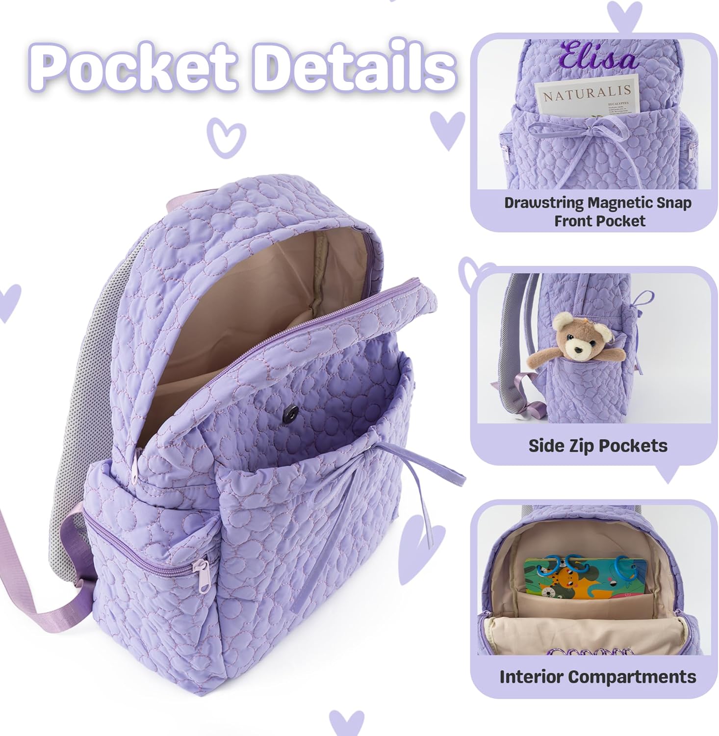Daycare Backpack Personalized Large 15inch Backpack with Embroidered Name Purple Quilted Backpacks with Bow Custom Daycare Diaper Bag for Age 2-6 Travel Overnight Birthday Gifts