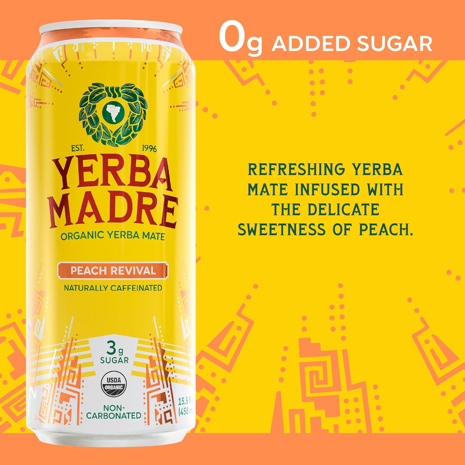 Yerba Madre Organic Yerba Mate, Low Sugar Peach Revival, 150mg Natural Caffeine, Energy Drink Alternative, No Jitters or Crash, 15.5 Oz (Pack of 12)