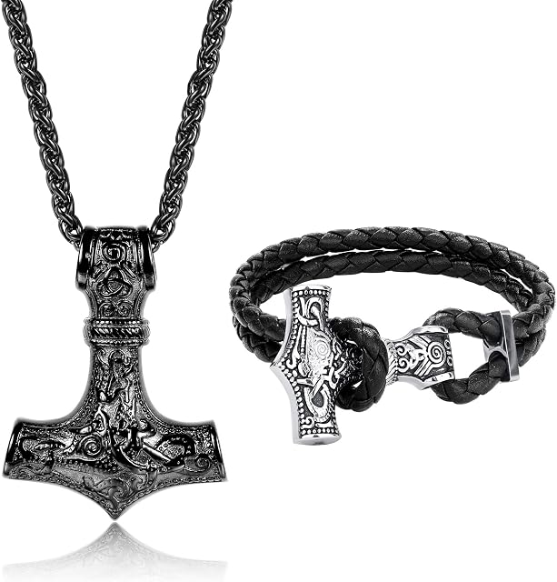 LOLIAS Men's Necklace Viking Bracelets Set for Men Boy Thor's Hammer Necklace Mjolnir Stainless Steel Necklace Leather Cuff Bracelets Braided Cord Thor's Hammer Jewellery Punk Goth Viking Gift for Men