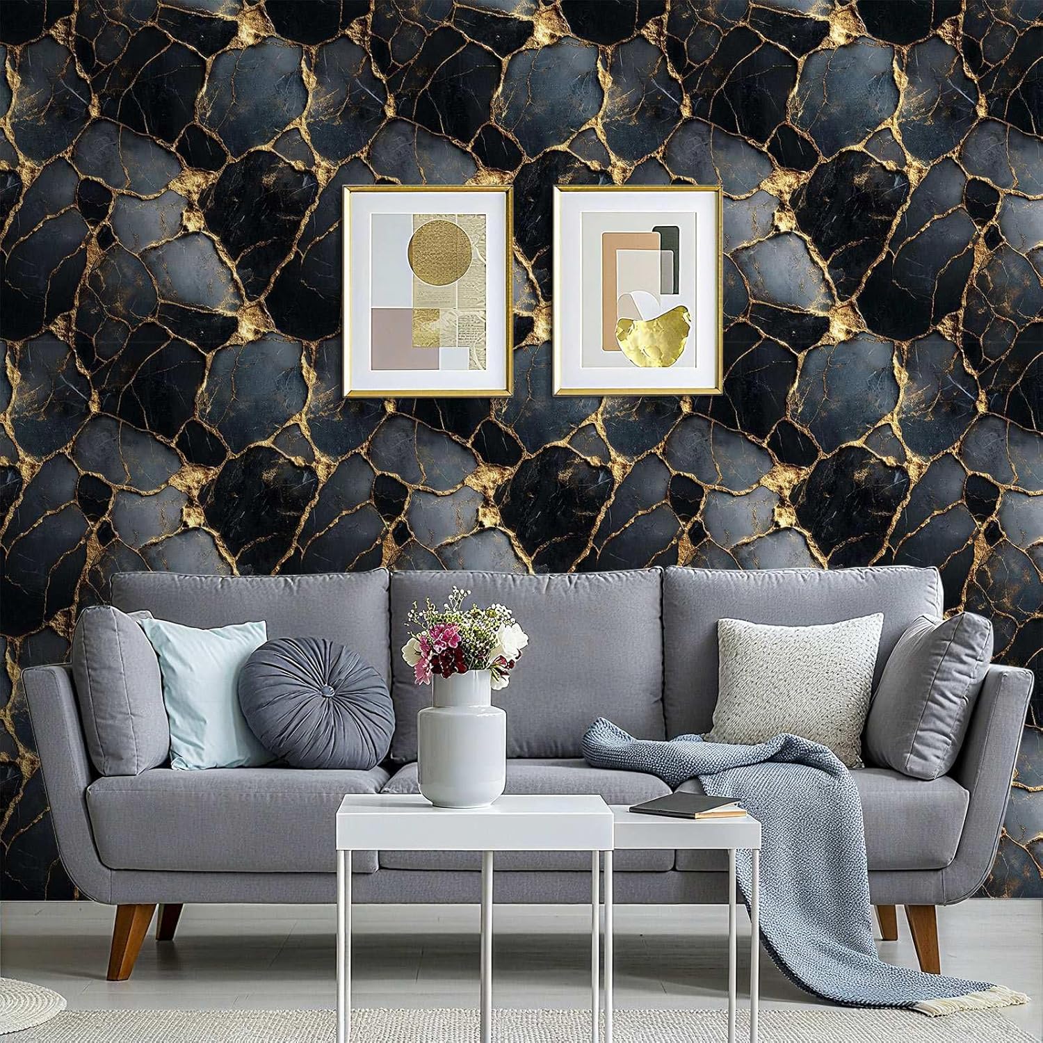 Black Gold Marble Peel and Stick Wallpaper, Luxury Textured Wallpaper for Home Decor | 17.7" x 118", Self-Adhesive, Waterproof Vinyl