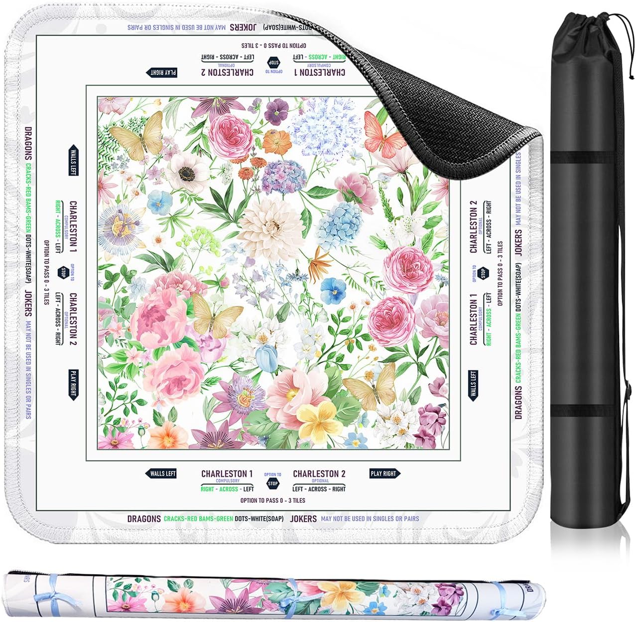 33 x 33 Inches Mahjong Mat with Floral Design, Non-Slip Noise Reduction, Gaming Mat for Poker, Card, Dominoes, Board & Tile Games Mahjong Gift