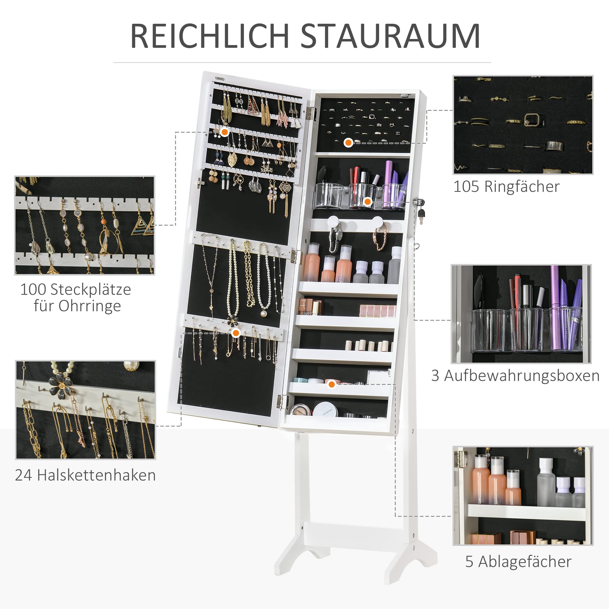 HOMCOM Schmuckschrank Spiegelschrank Wandschrank Mit LED Wand