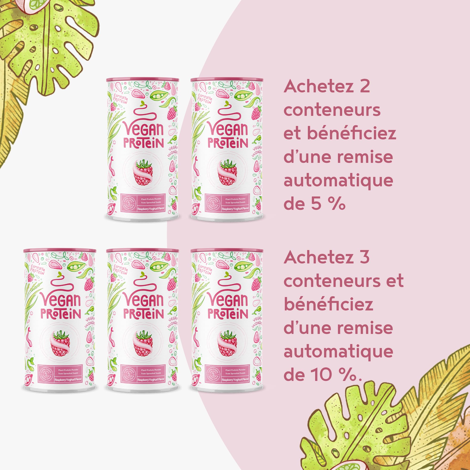 Vegan Protein Shake YOGHURT FRAMBOISE - Protéine végétale de riz germé, pois, graines de lin, amarante, tournesol, pépins de courge - poudre pour un boisson protéinée faible en calorie & glucide