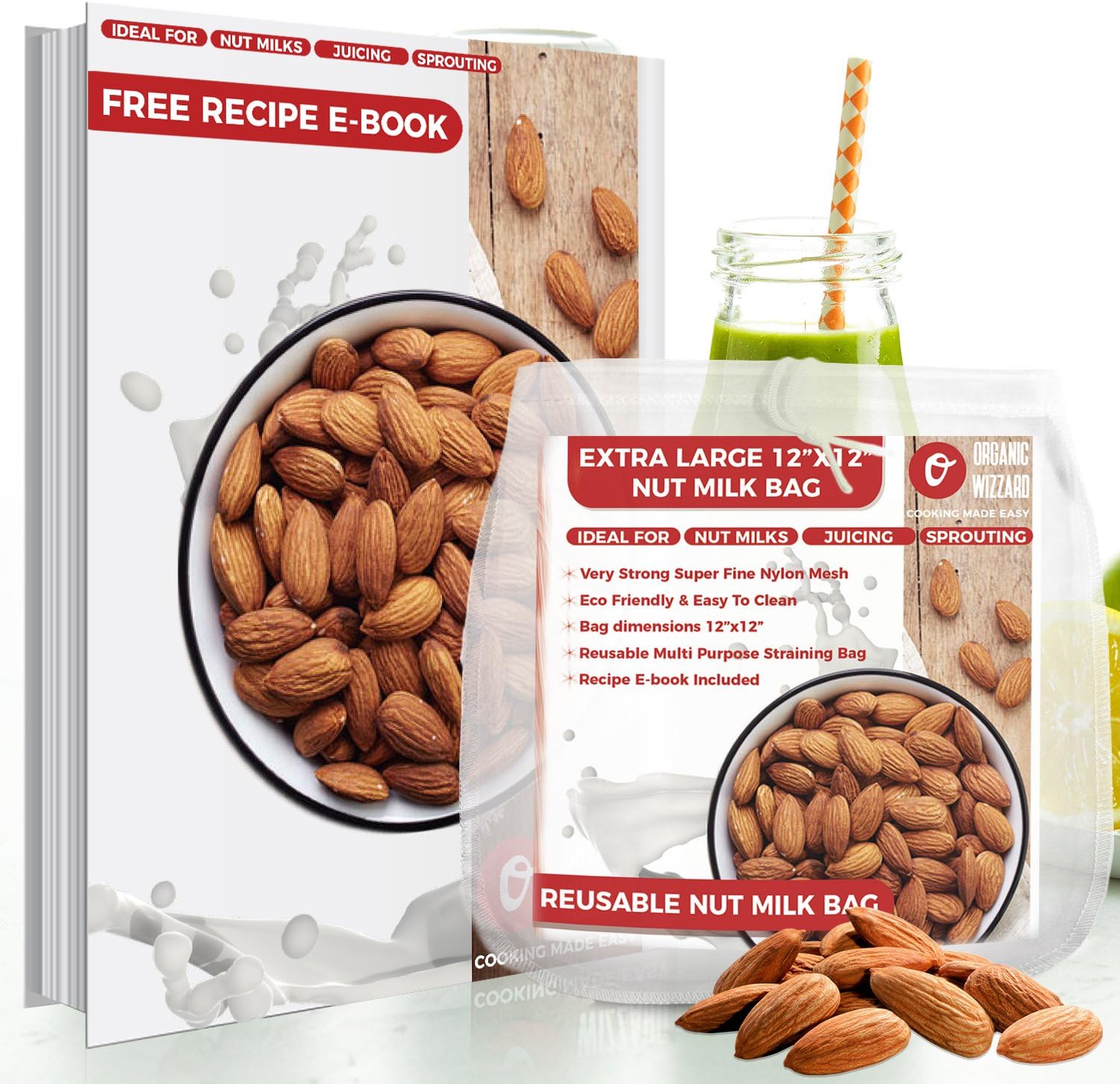 Organic Reusable Nut Milk Bag โ Best Quality Almond Milk Bag and Muslin Strainer โ Fine Nylon Mesh Cheesecloth & Cold Brew Coffee Filter โ 12โx12โ Premium Quality Food Sack + Free Ebook
