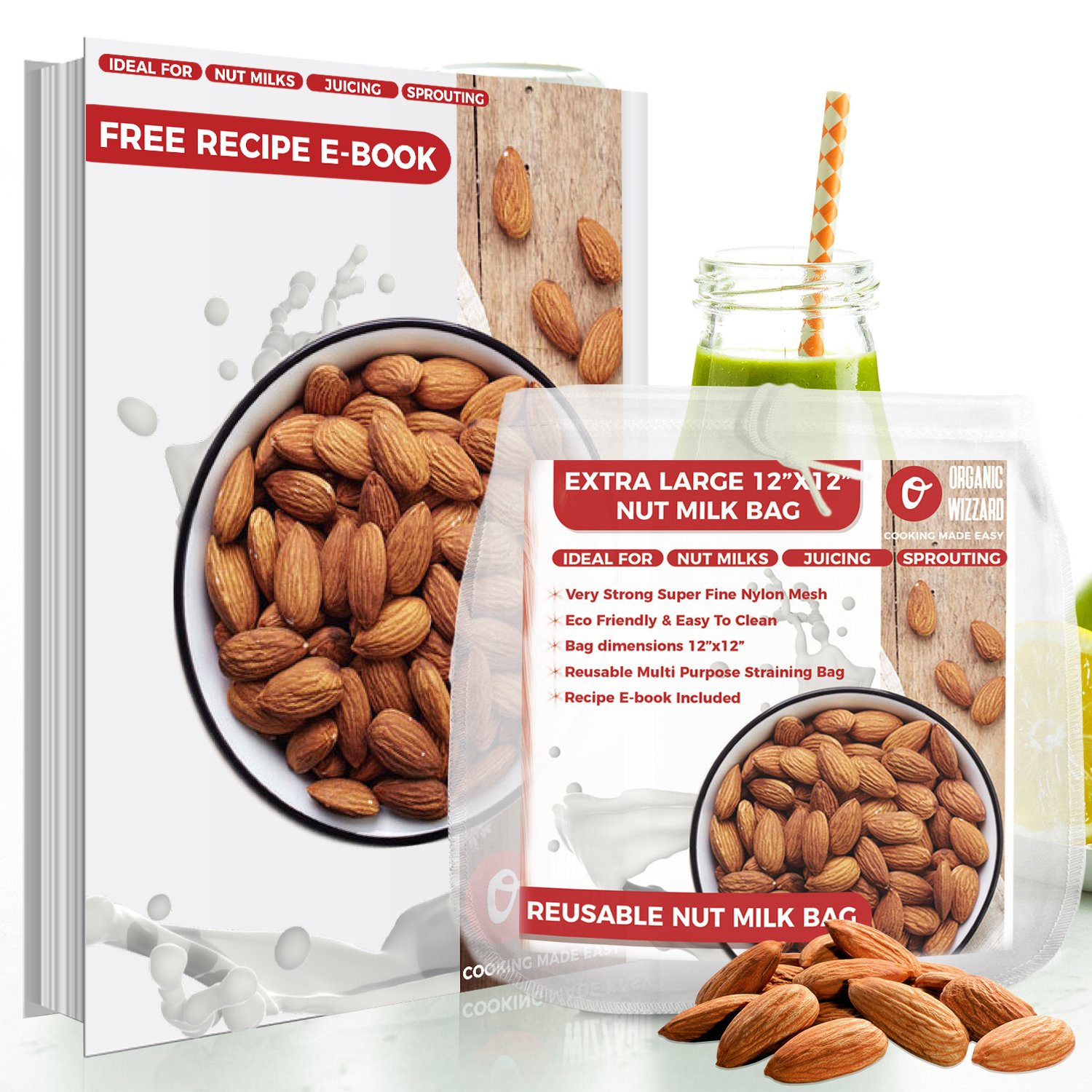 Organic Reusable Nut Milk Bag – Best Quality Almond Milk Bag and Muslin Strainer – Fine Nylon Mesh Cheesecloth & Cold Brew Coffee Filter – 12”x12” Premium Quality Food Sack + Free Ebook