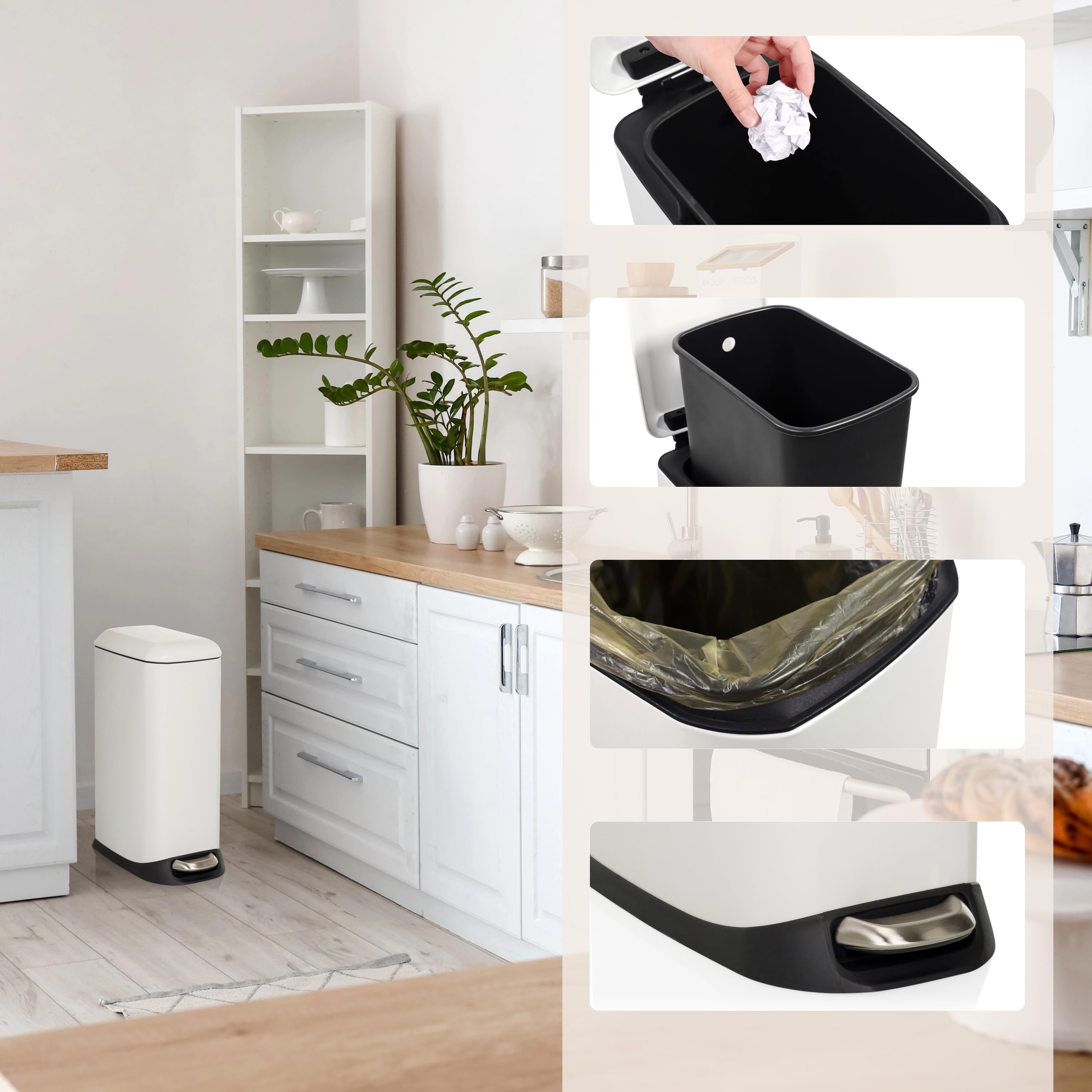 hjh OFFICE Mülleimer 20L, Treteimer mit Deckel, Softclose CLEAN Slim Stahl Abfalleimer schmal mit Inneneimer, Weiß, 56x34x22cm