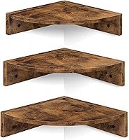 Homode 3-Tier Floating Corner Shelves Wall Mount Set - Rustic Brown/Black with Cord Hole, Space-Saving Wood Storage for Bathroom, Kitchen, Living Room