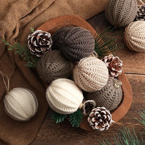 VioraWhite 12 Pcs Neutral Christmas Ornaments, 2.36 Inch Brown Crochet