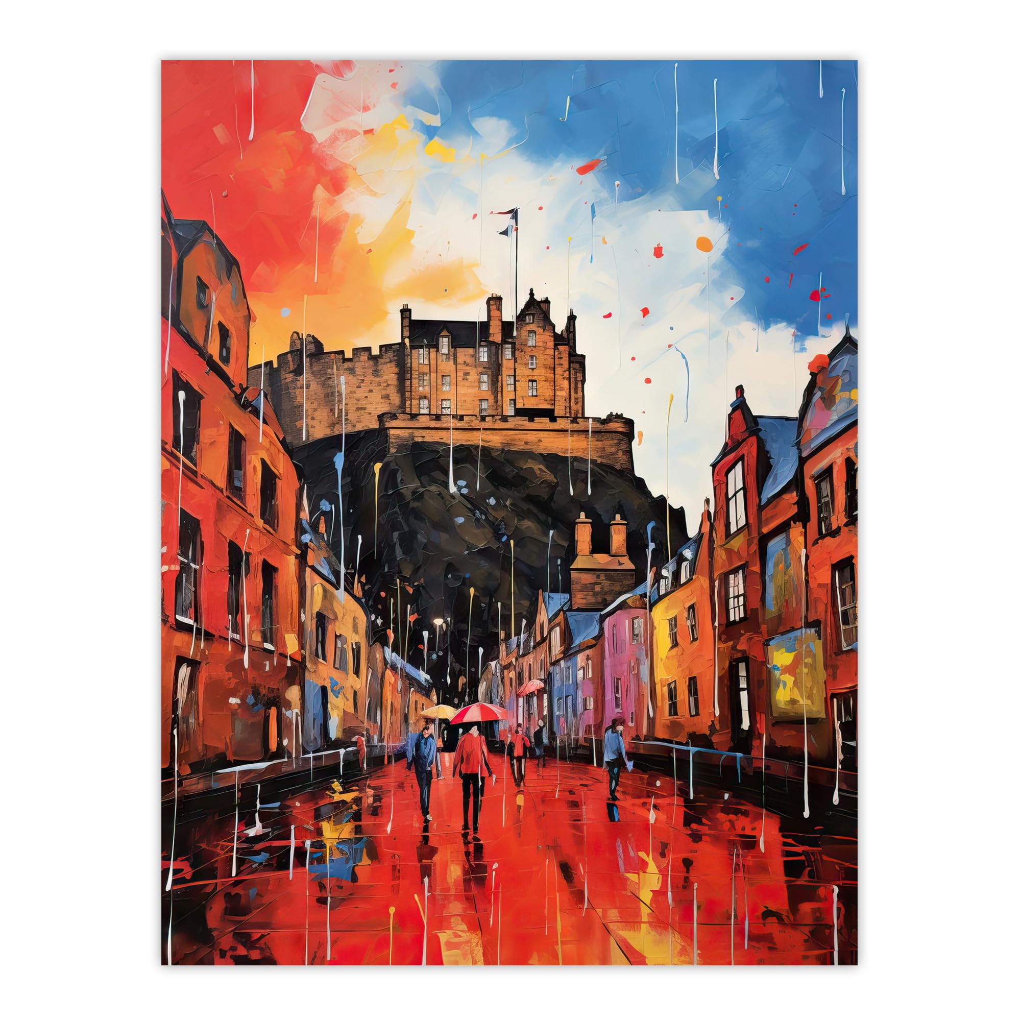 Artery8 Edinburgh Castle Vibrant Oil Painting Autumn Rain Cityscape Extra Large XL Wall Art Poster Print, Unframed 24X32", 81L x 61W cm