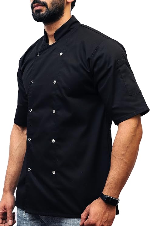 Perkin Men's Chef Jacket Short Sleeve, Black, Double-Breasted, Mandarin Collar, Sizes XS to L