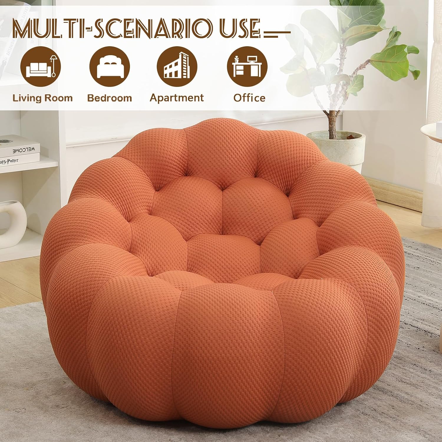 Bean Bag Chairs for Adults/Teens, Reading Corner Chair, Orange Beanbag Chair for Bedroom Living Room, Small Comfy Chairs for Living Room Small Space, No Assembly Required (Orange)