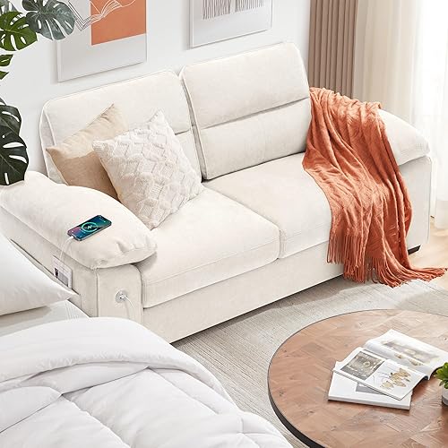 Ihanherry 71.5 Inch Loveseat Pillow-Armrest Sofa with USB/Type-C Charging Port, Modern 2-Seats Sofa for Living Room & Bedroom, Removable Medium Firm Cushion, Breathable Chenille Fabric, Beige
