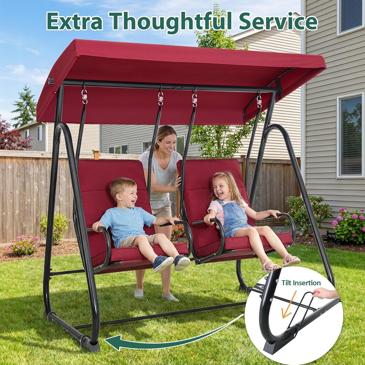 MCombo 2 Person Porch Swing Chair, Outdoor Glider Chair with High Backrest, Independent Swing Sets for Backyard, Garden, 4376 (Burgundy)