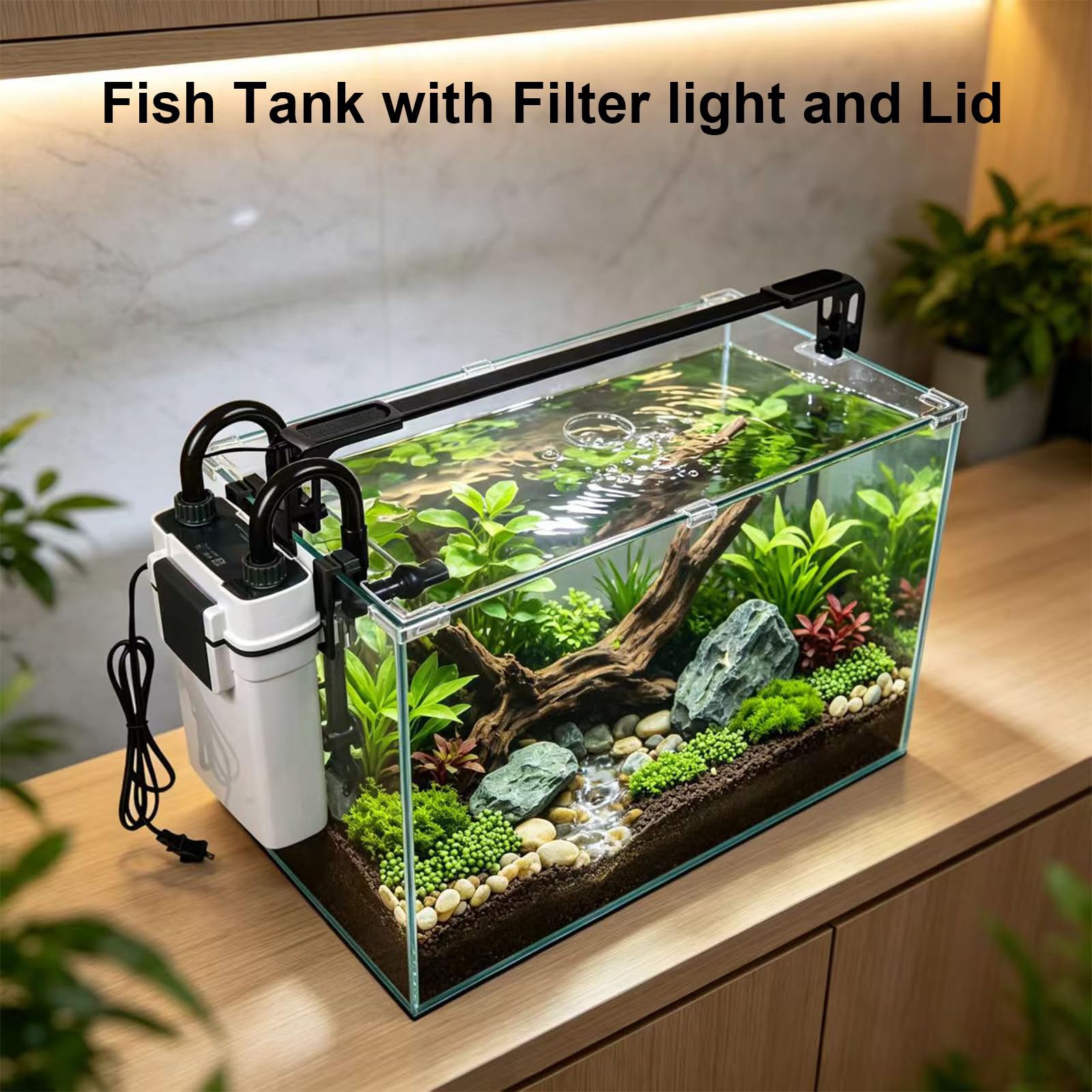 Vimvins Petit aquarium en verre de 20 gallons, kit de démarrage pour aquarium Betta avec filtre, lumières.