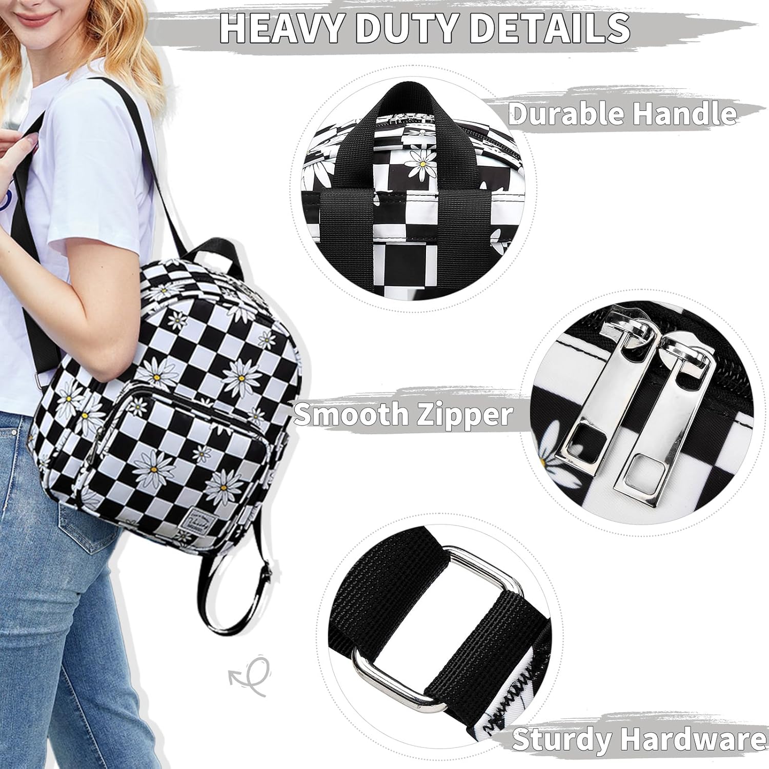 VASCHY Small Backpack for Women, Cute Mini Lightweight Nylon Travel Backpack Purse for Teen Girls Plaid Daisy - Image 4