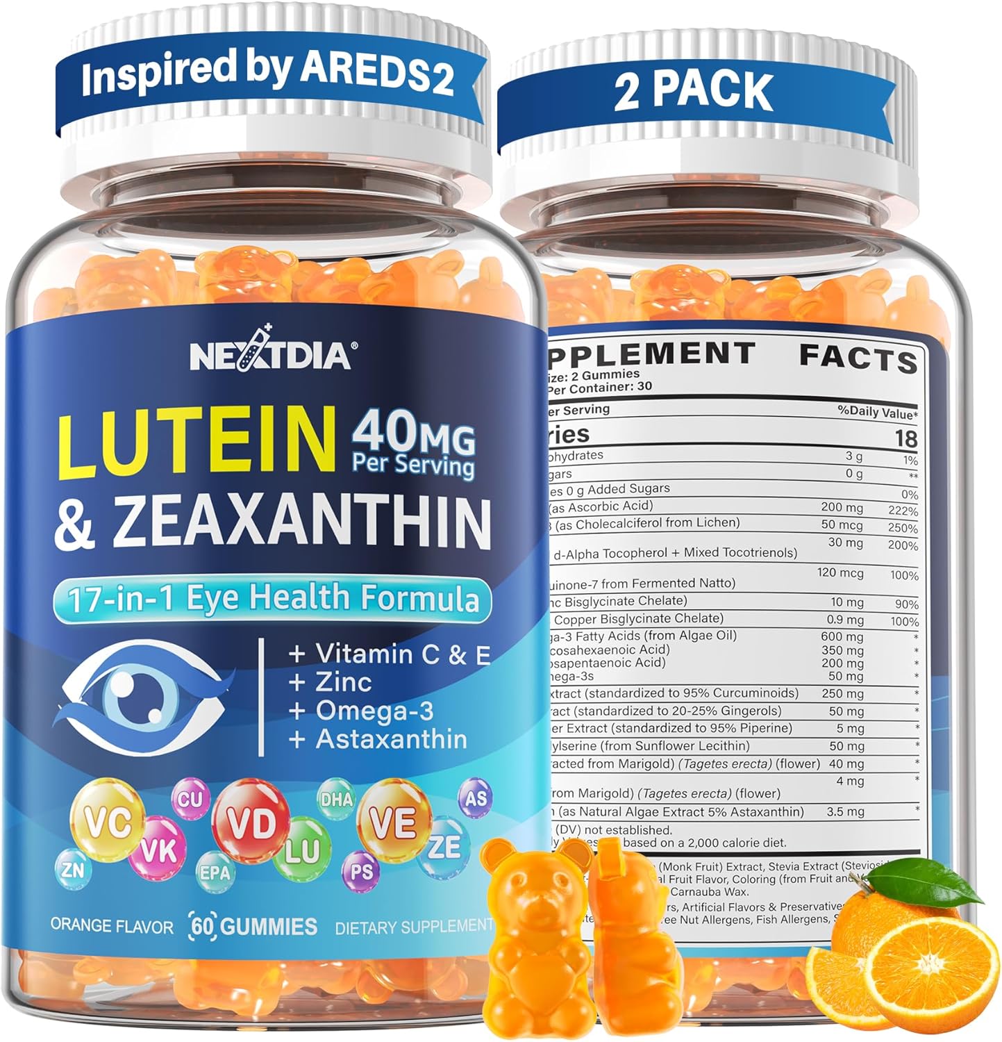 Lutein and Zeaxanthin Supplement, Eye Health Gummies, AREDS2-Based Formula, Omega-3, Vitamins C & E, Zinc, Copper, Clear Vision, Blue Light Filtering for Adults & Seniors, Sugar Free, Vegan, 120 Count
