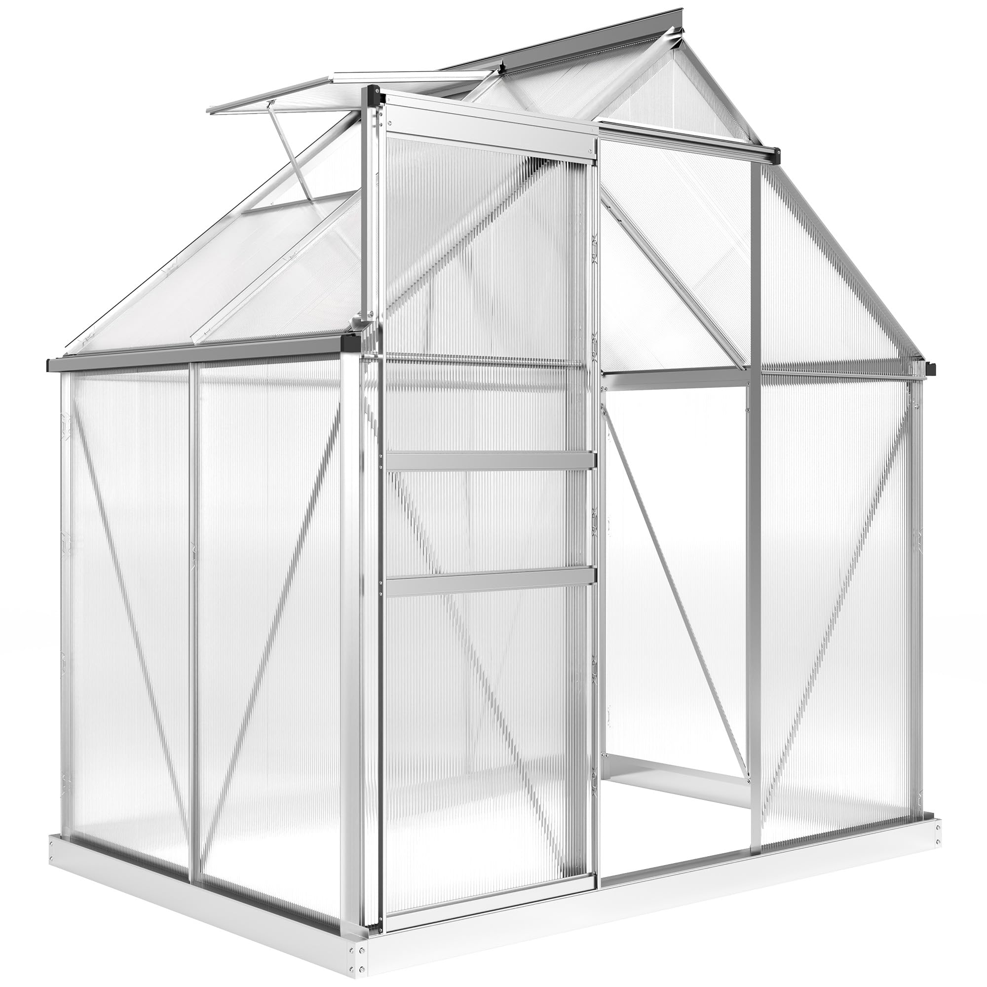 Outsunny Invernadero de jardín de policarbonato con marco de aleación de aluminio 2,5㎡, invernadero para huerto con base, canalones, ventana de techo ajustables, puerta batiente, para plantas, anti UV
