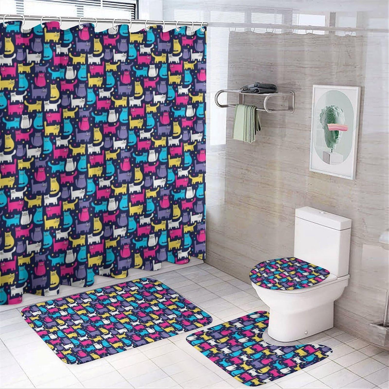 JZemdybill Bathroom Mat Set 4 Piece, Funky Cats Shower Curtain with Non-Slip Bath Mats for Bathroom