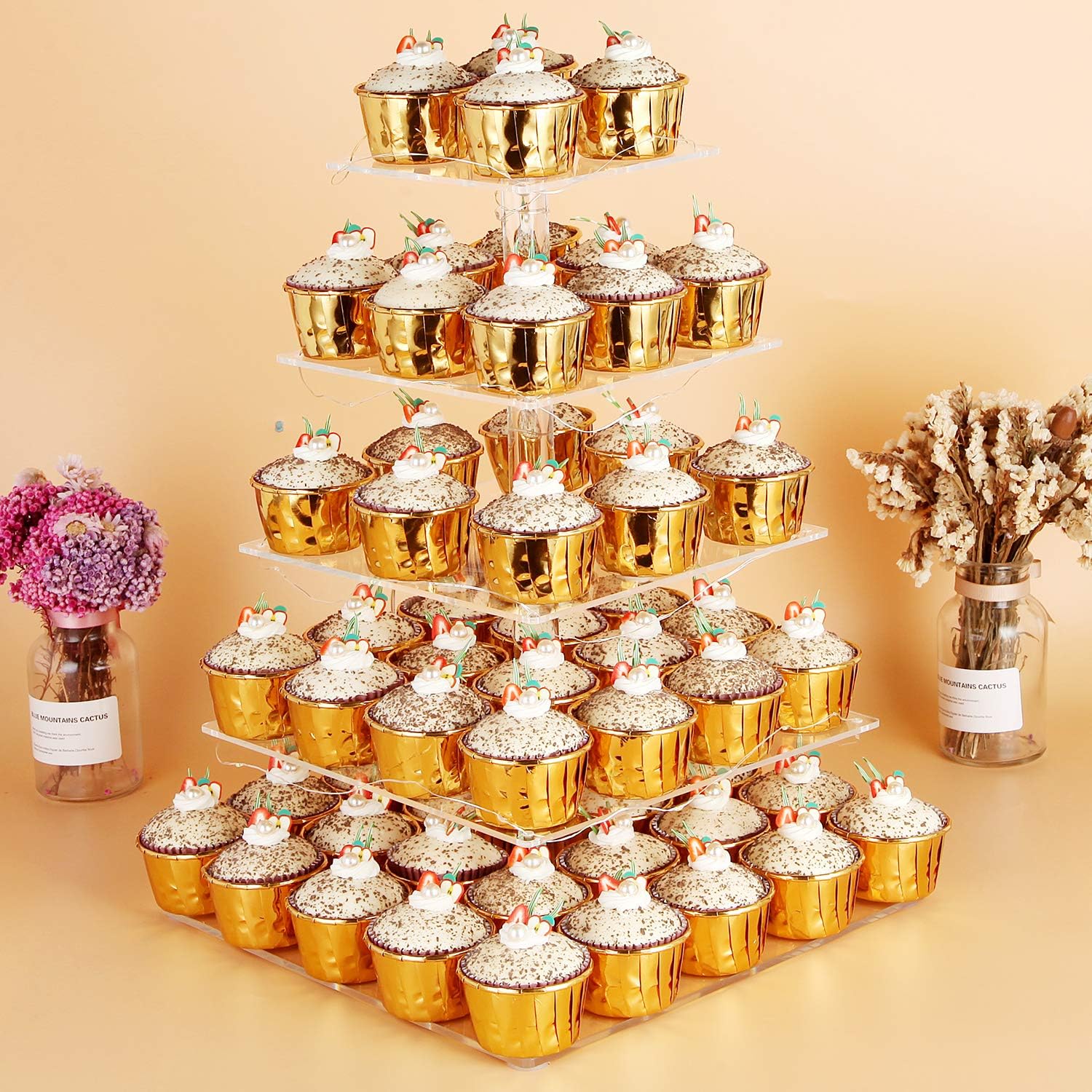 Vdomus 5 Tier Acrylic Cupcake Display Stand with LED String Lights, Pastry Stand Dessert Tree Tower Cupcake Stand for Birthday/Wedding Party or Celebrations, Multicolour