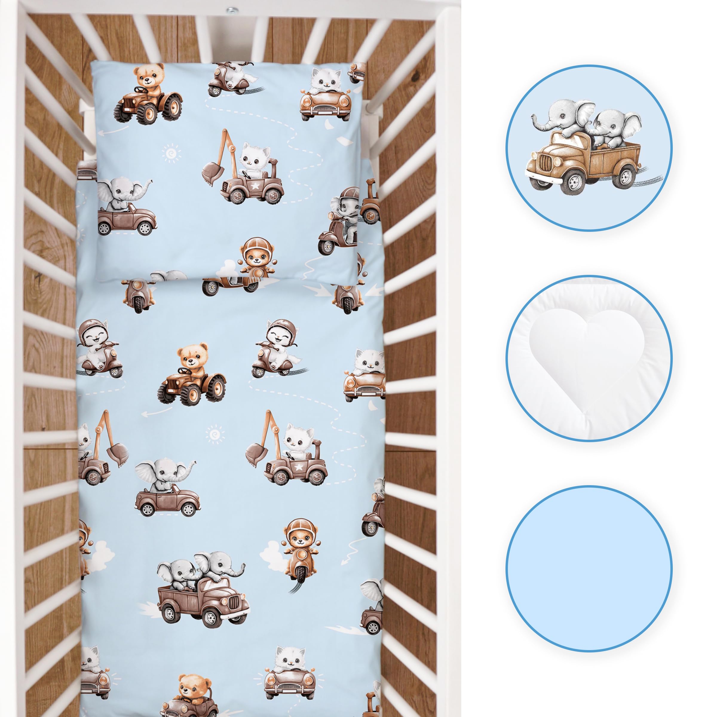 Baby Comfort Set di biancheria da letto da 4 pezzi per lettino, comodino, culla o lettino da viaggio (animali in trasporto) (12 mesi+)