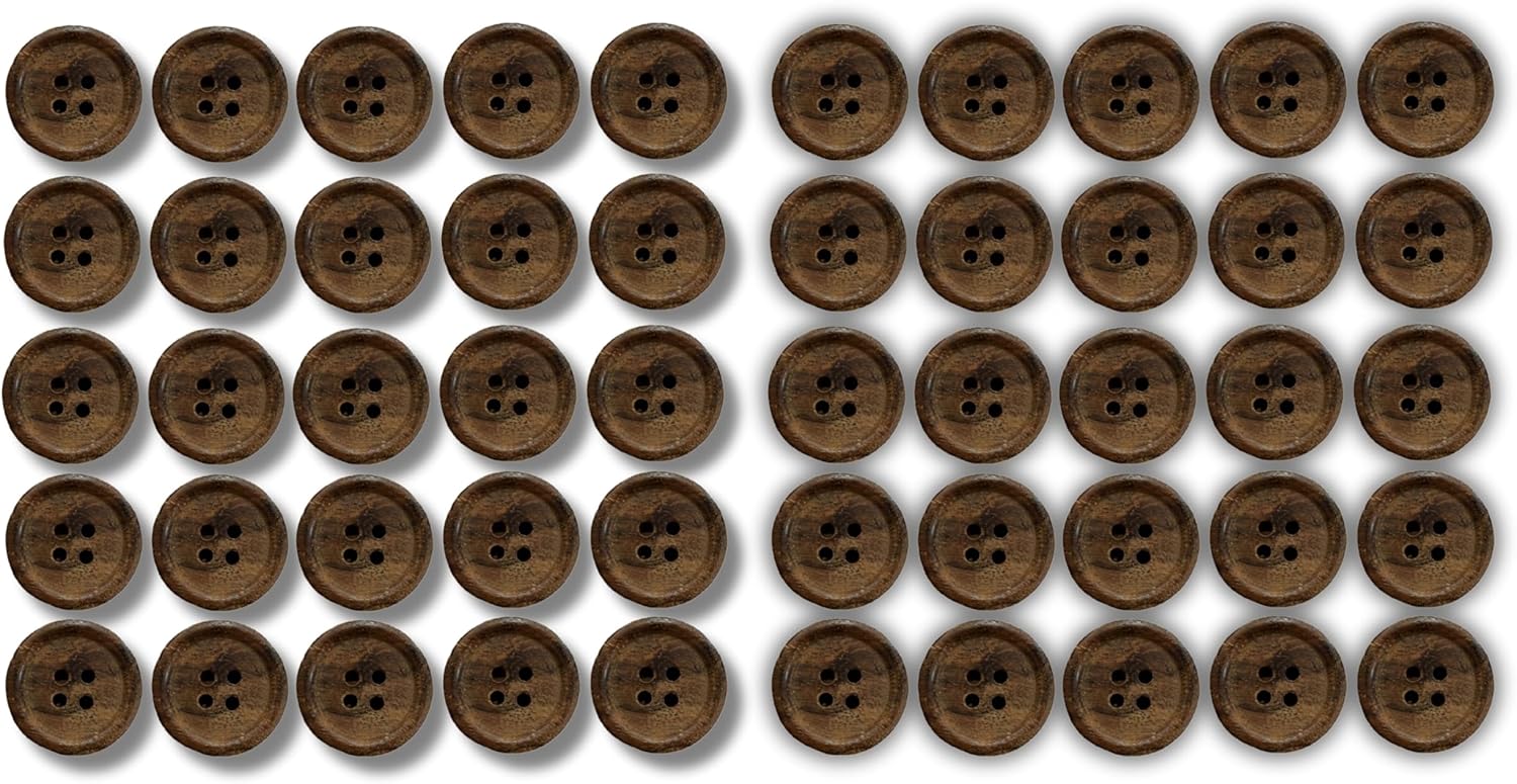 REENA Wooden Button Coffee Brown Dark Diameter 25 mm,(1 inch) 4 Holed for Sewing and Art and Craft Round Buttons with 4 Holes (50)