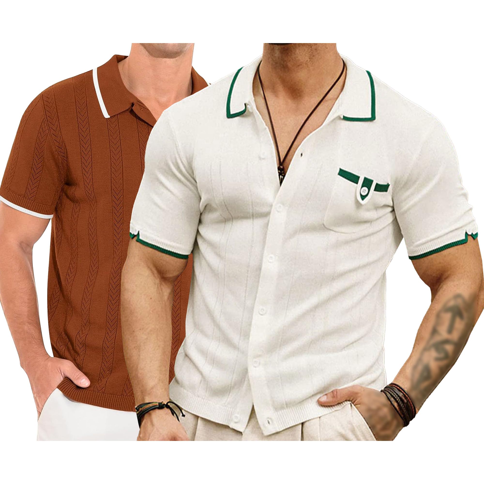 Maglietta da uomo con colletto cubano, vintage, con bottoni, per vacanze, a righe, lavorata a maglia, con bottoni, per golf e spiaggia